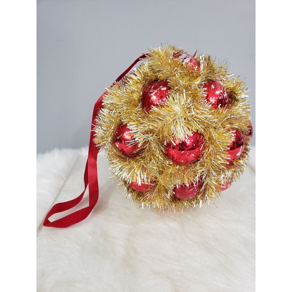 Vintage Christmas Tinsel Ball Hanging Decoration 9"‎ Red Ornaments Gold Kitschy